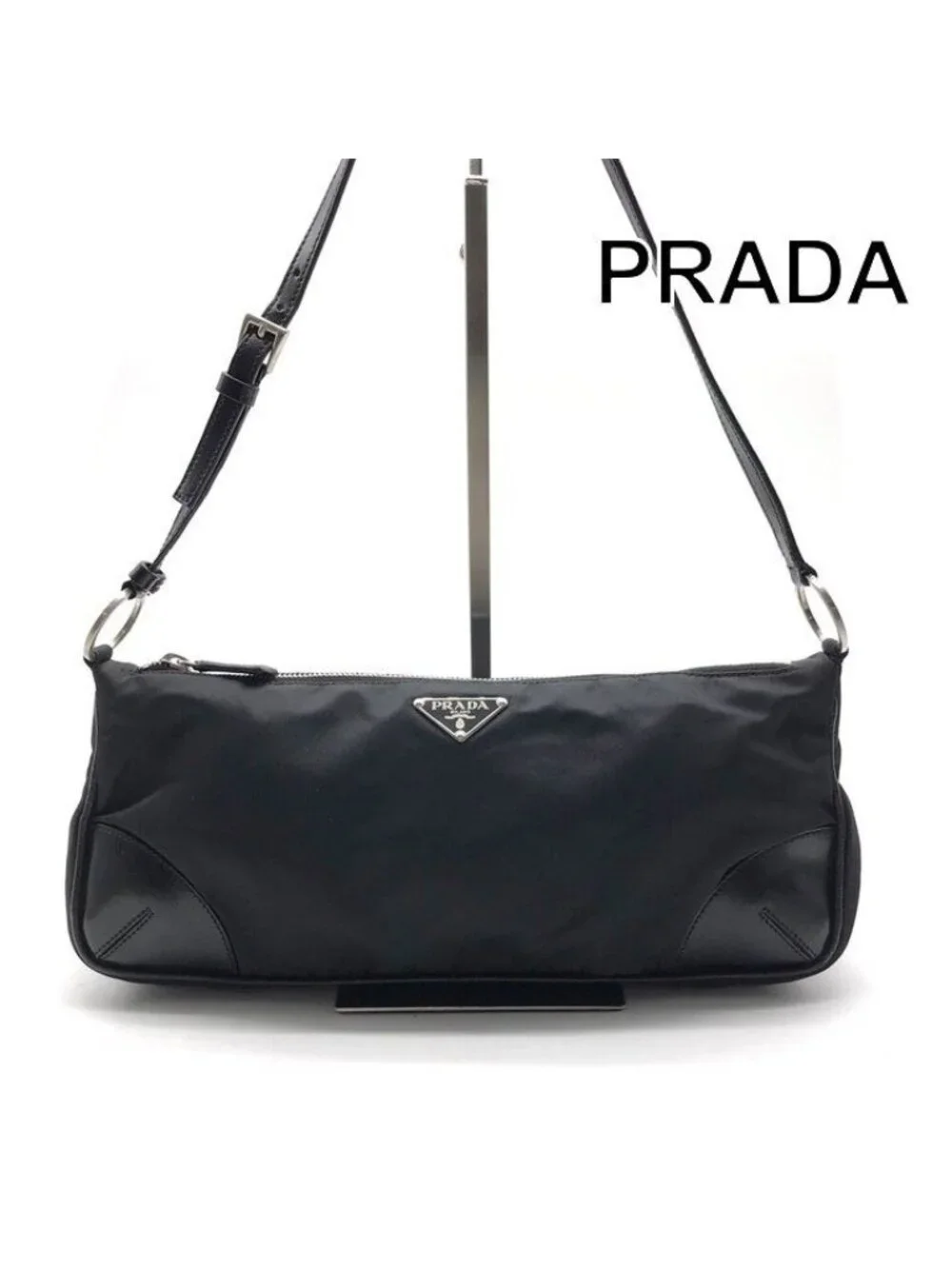 Prada Nylon Tessuto Leather Triangle Logo Shoulder Bag Black